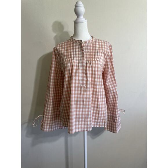 J Crew M Casual Pin tuck Pink Gingham Cottagecore Preppy Tie Sleeve Blouse Top - Picture 1 of 15